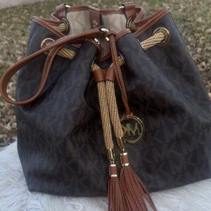 Michael Kors Dark Brown Bucket Bag with Gold Accents